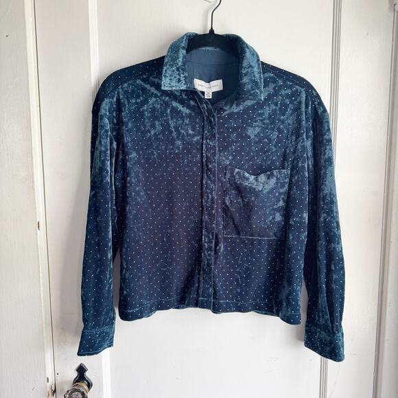 Something Navy Studded Velvet Shirt Jacket Dark Teal Small Silver Studs NWT XS - Picture 1 of 14